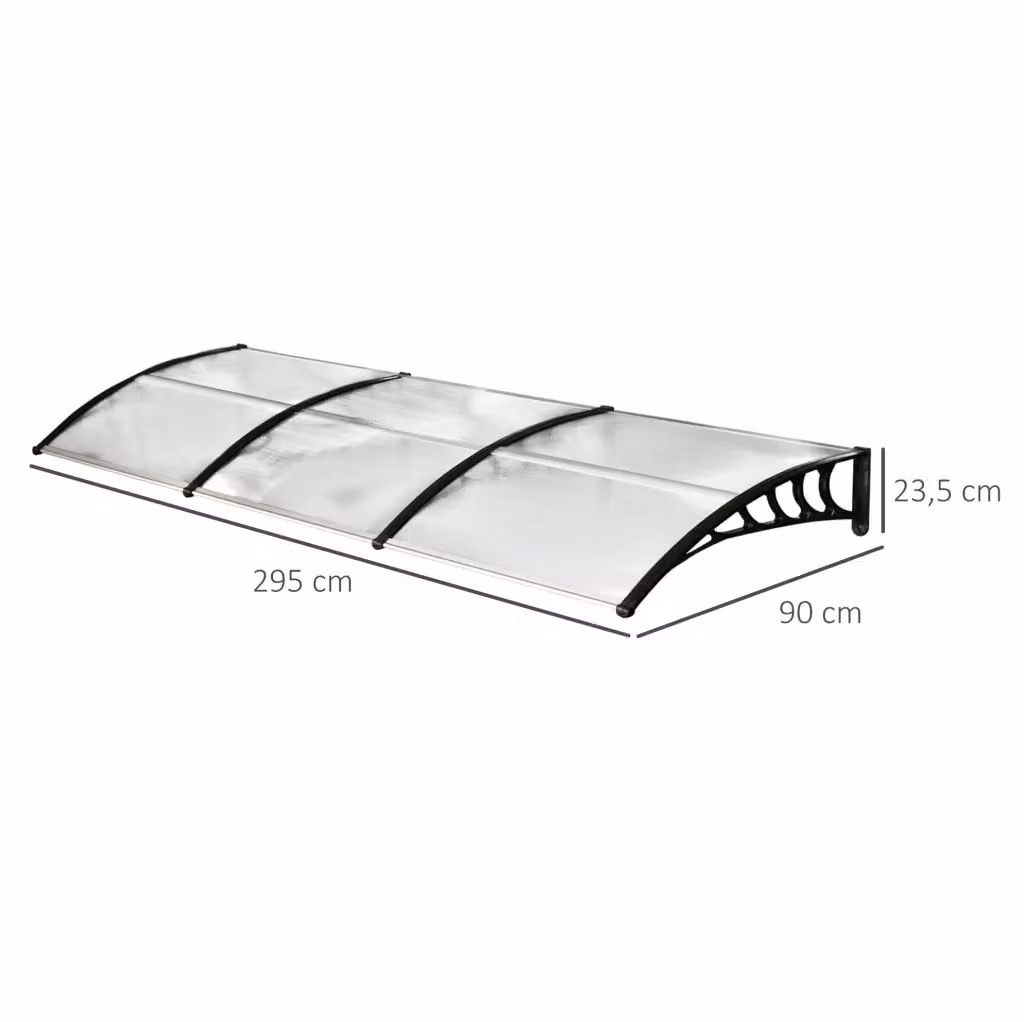 Pensilina per porta in policarbonato e alluminio con protezione UV, bianca e trasparente, L: 90 cm, P: 295 cm – 2