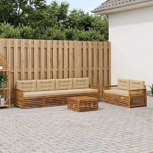 Set di divani da esterno vidaXL a forma di U in legno di acacia con tavolo da caffè e cuscini, colore beige