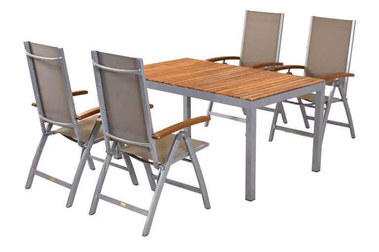 Set di mobili da giardino Merxx Naxos 5 pezzi, 4 poltrone pieghevoli, 1 tavolo 150 x 90 cm - alluminio/tessuto/acacia
