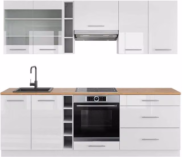 Cucina componibile moderna Fame-Line Vicco Bianco lucido e Rovere, L: 235 cm, P: 60 cm, H: 184,8 cm – 1