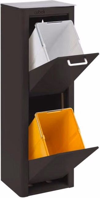 Pattumiera per raccolta differenziata a 2 scomparti CUBEK DON HIERRO in acciaio con coperchio a ribalta e contenitore interno rimovibile, disponibile nei colori bianco, grigio, nero, turchese e sabbia