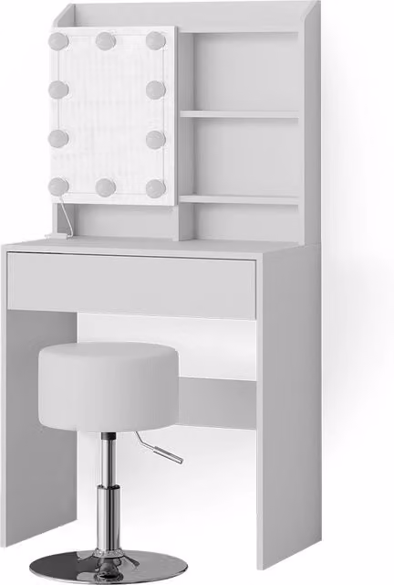 Tavolo da toeletta Laura Bianco 70 cm con specchio, catena luminosa LED e sgabello Vicco