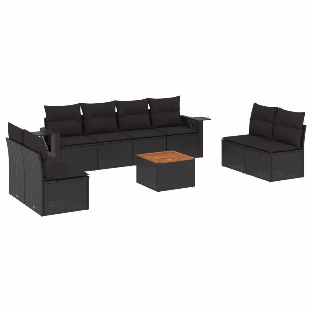 vidaXL Set Divani da Giardino 9 pz a Forma a U in Polyrattan Nero con Cuscini e Tavolino da Caffè – 2