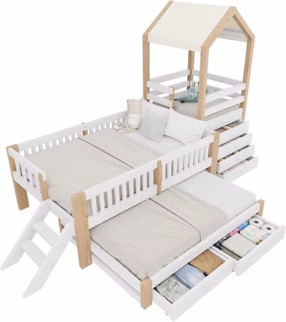 Letto a soppalco per bambini 90x200 cm con letto estraibile 90x190; cassetti in legno massello; bianco e naturale