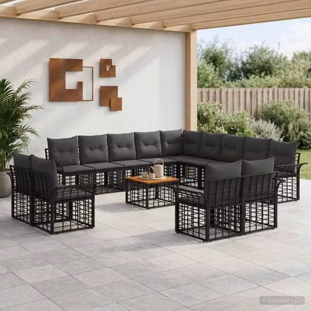 Set di divani da esterno a forma di U vidaXL con tavolino da giardino, colore nero e grigio, struttura in acciaio verniciato a polvere e cuscini in poliestere resistente ai raggi UV