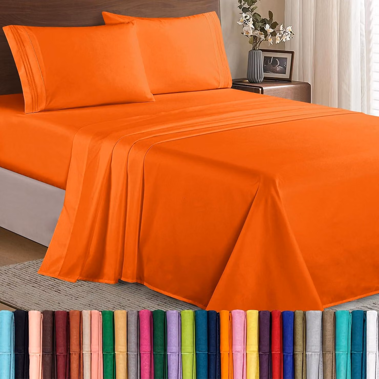 Set di lenzuola elegante e confortevole, con lenzuolo con angoli elasticizzati, tasche profonde fino a 40,6 cm, in microfibra, colore arancione "Elite", taglia matrimoniale