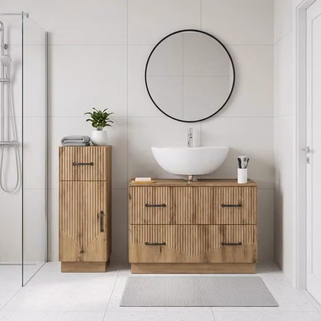 Set di mobili da bagno moderno vidaXL composto da mobile lavabo e mobile contenitore in legno color marrone con ante a cerniera e ripiani interni L/P/H: 82,0 x 35,85 x 59,0 cm e 41,0 x 76,70 x 59,0 cm – 1
