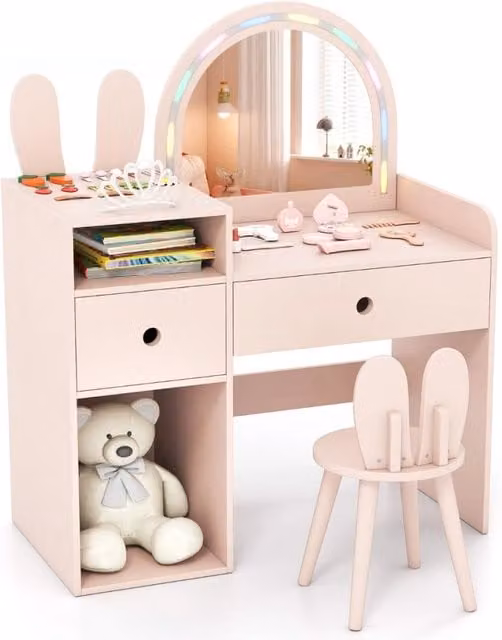 Tavolo da trucco Hollywood LED per bambini con specchio illuminato e cassetti, Scrivania rosa moderna in MDF e metallo