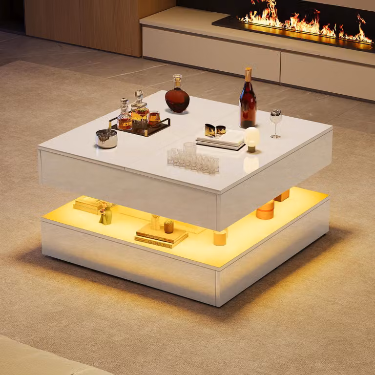 ProximaX Tavolino moderno con illuminazione LED a colori controllata tramite app, superficie lucida, quadrato, bianco