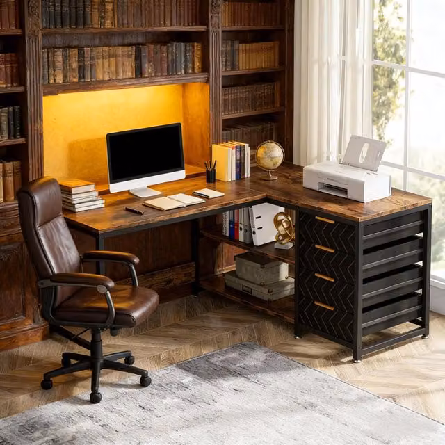 Scrivania angolare REDOM in stile industrial con ripiani e cassetti, Nero/Marrone