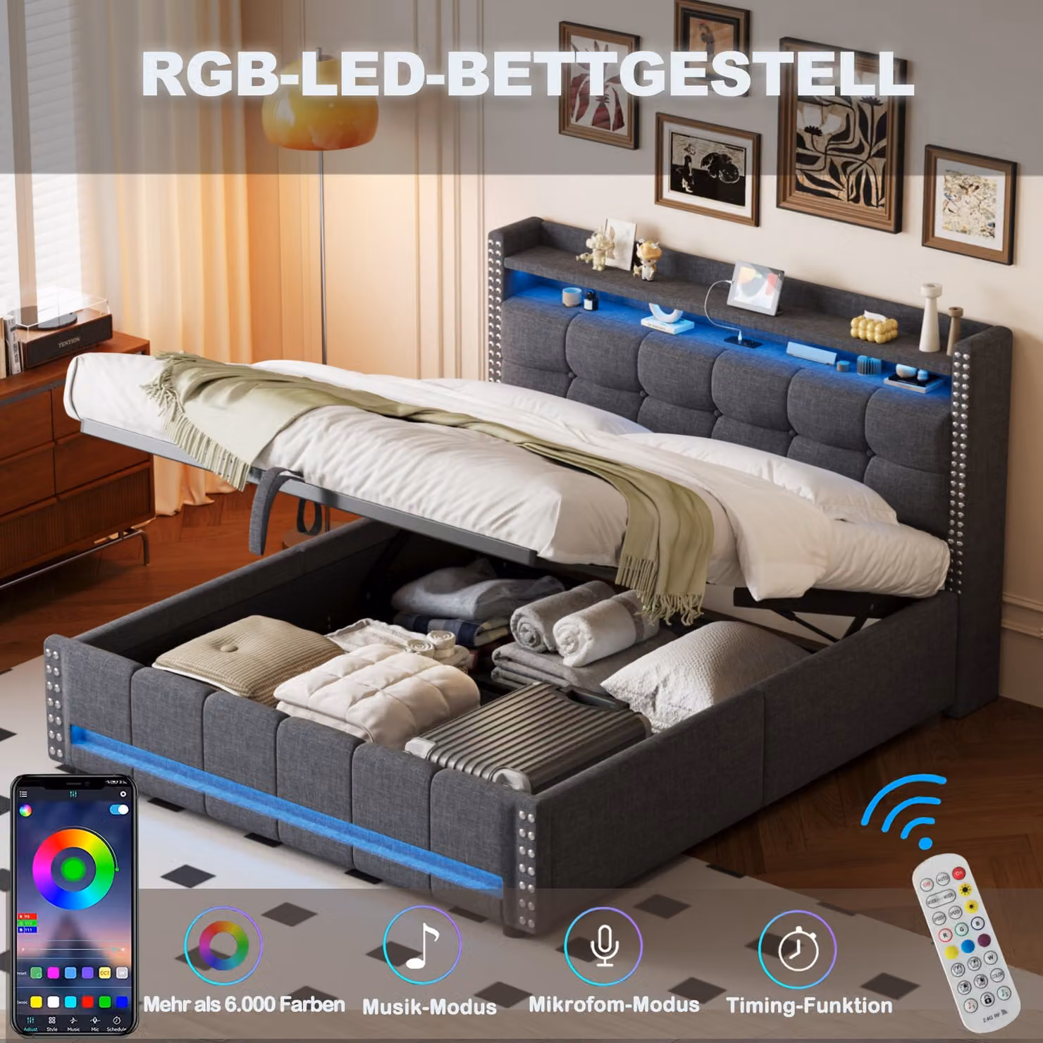 okwish Letto imbottito Letto matrimoniale 160 x 200 cm con illuminazione a LED e presa USB, con vano portaoggetti e contenitore sotto il letto (senza materasso) - grigio