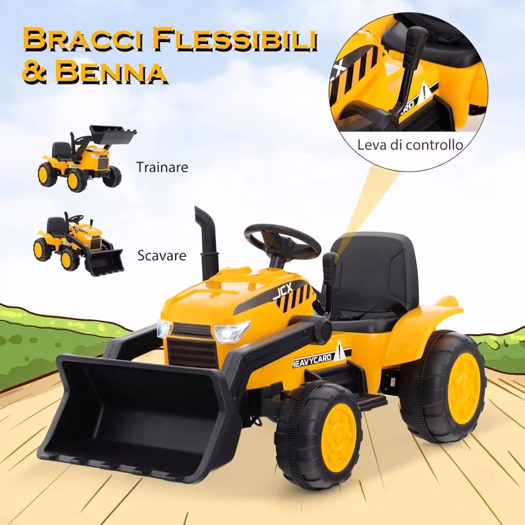 Escavatore Elettrico Costway da 12V per Bambini con Telecomando, Benna Regolabile, Luci LED e Musica, Colore Giallo – 2