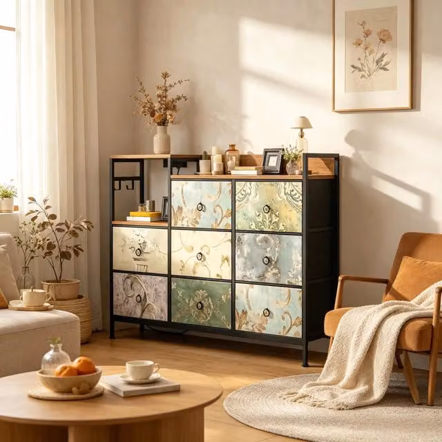 Cassettiera 132x29x88 cm con prese e porte USB in legno e metallo multicolore