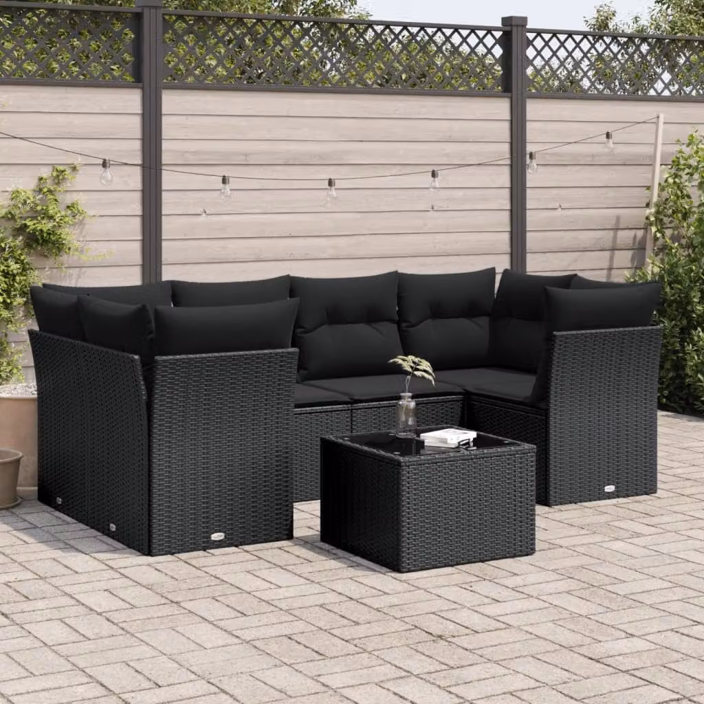 vidaXL Set Divani da Giardino a L con Cuscini 7pz Nero in Polyrattan e Metallo – 1