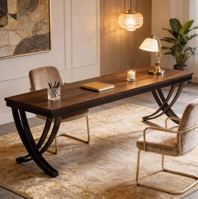 Scrivania doppia per computer 200x70 cm con struttura a X in metallo, ideale per ufficio e home office