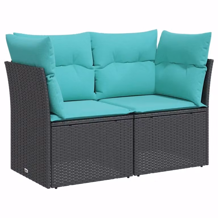 Divano da giardino a 2 posti vidaXL in polyrattan nero con cuscini blu e coperture rimovibili L: 124 cm, P: 69 cm, H: 62 cm