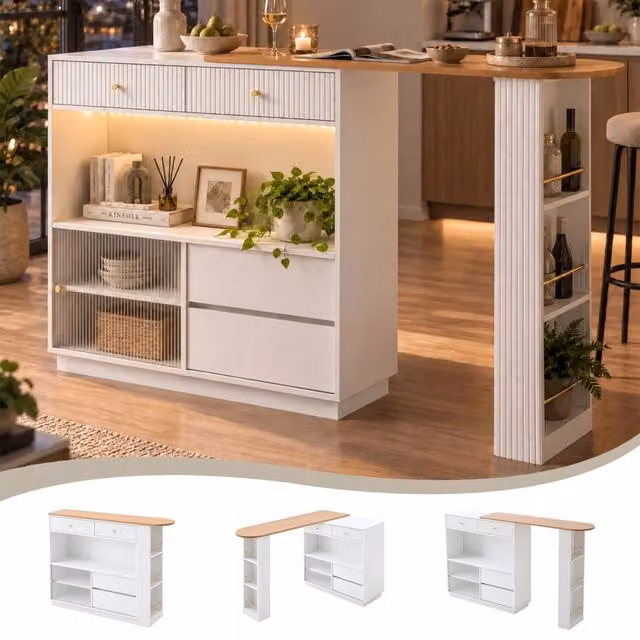 Isola cucina bianca con bancone bar allungabile, pannello truciolare, LED, rotazione 360¡ã, L 120 x B 30 x H 100 cm