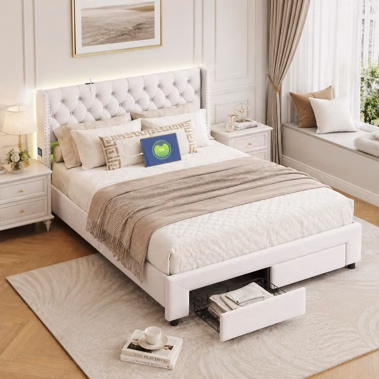 Letto imbottito INONEFT, 180 x 200 cm, letto matrimoniale con USB e LED, letto per adulti con 2 cassetti e rete a doghe, in velluto, color beige, senza materasso
