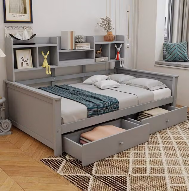 Letto divano 90x200 cm grigio con cassetti e ripiani laterali