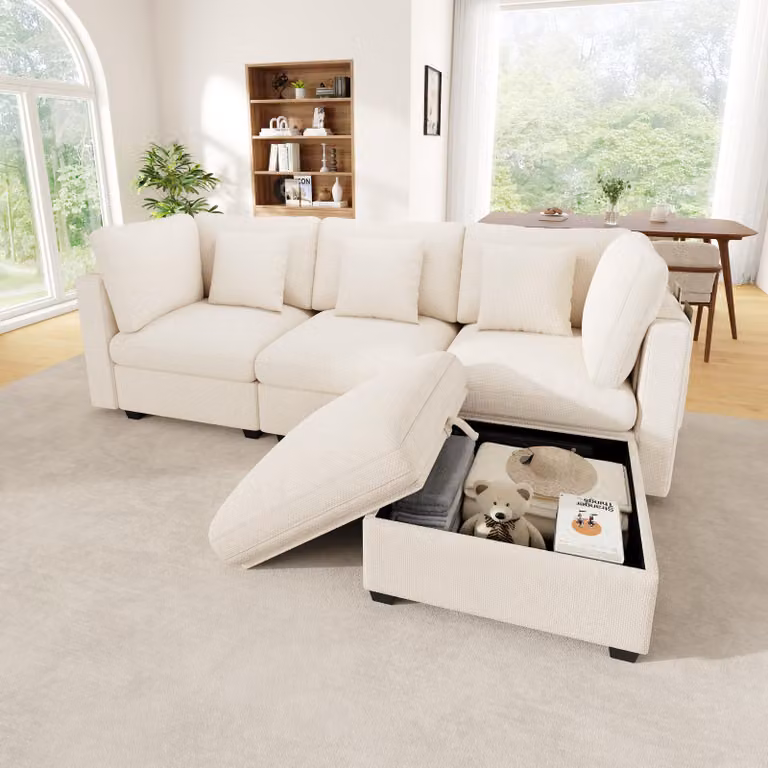 Divano angolare a forma di L, 4 posti, modulare con spazio contenitivo, poggiapiedi, tessuto in chenille con trama waffle, tasche laterali, 3 cuscini, divano per soggiorno, color beige