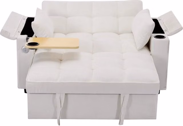 Divano Letto 2 Posti Estraibile in Tessuto Beige con Schienale Reclinabile e Porta USB; 140;5x74x82 cm