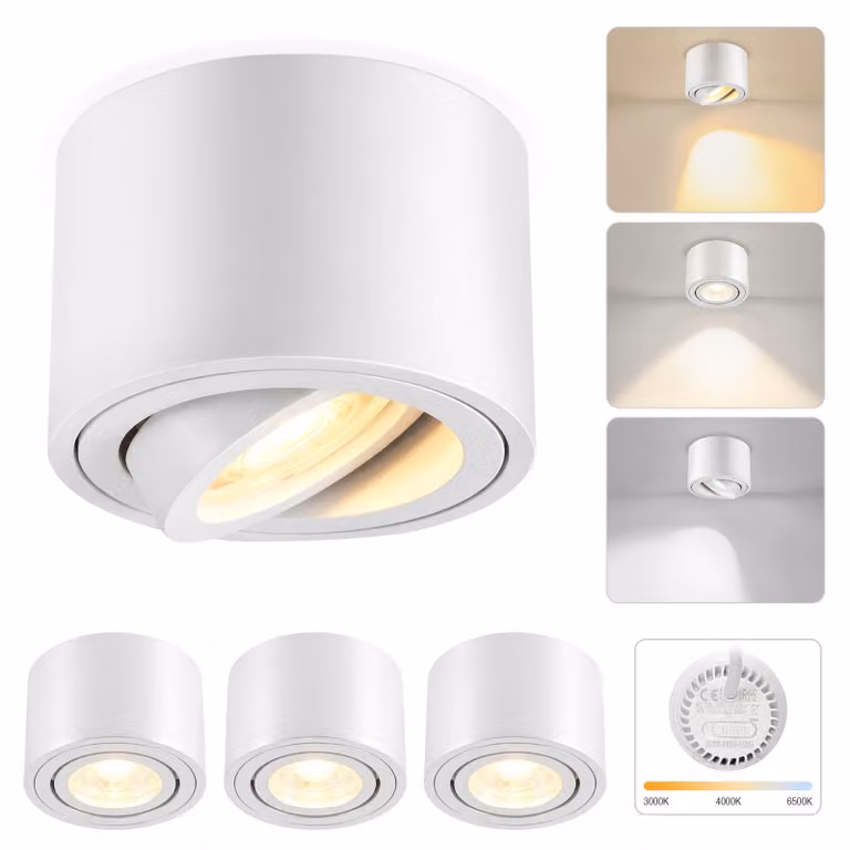 ZMH Faretto a LED da incasso, 4 pezzi, dimmerabile, 4 W, Ø 80 x 50 mm, ultrapiatto, orientabile a 30°, 3 CCT (3000 K/4000 K/6500 K), faretto da incasso a vista, rotondo, bianco