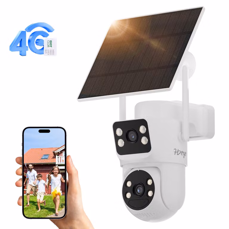 Telecamera di sicurezza solare 4G HDeye per esterni: doppio obiettivo 2K, rilevamento di movimento PIR, batteria con autonomia di 3 mesi e visione notturna con controllo remoto tramite app
