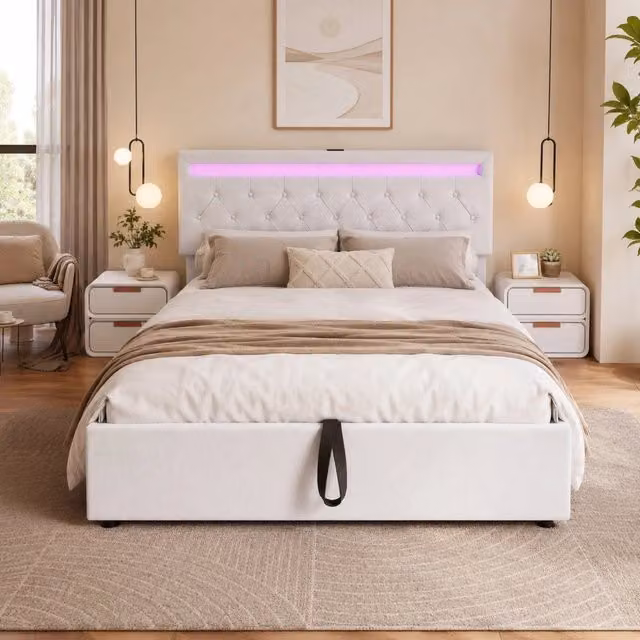 Letto Imbottito con Contenitore REDOM in Lino Bianco con LED, USB e USB-C, L/P: 140 x 200 cm – 1