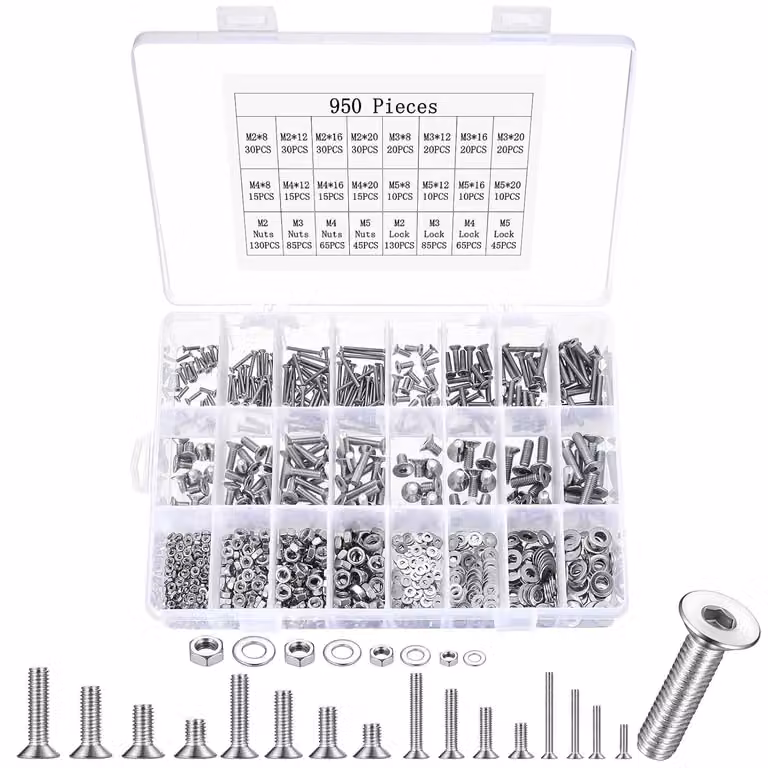 Set di viti da 950 pezzi, nelle misure M2, M3, M4 e M5, in acciaio inossidabile, completo di dadi e rondelle, ideale per lavori di montaggio