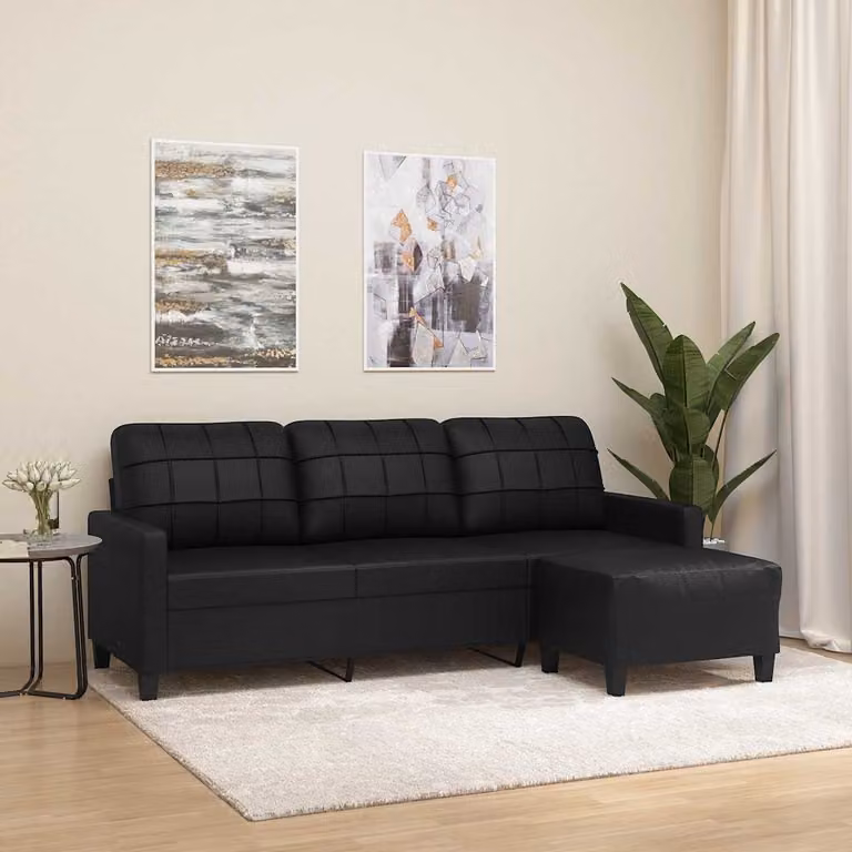 vidaXL Divano a 3 Posti Moderno con Poggiapiedi Nero in Similpelle, L: 198 cm, P: 80 cm, H: 77 cm
