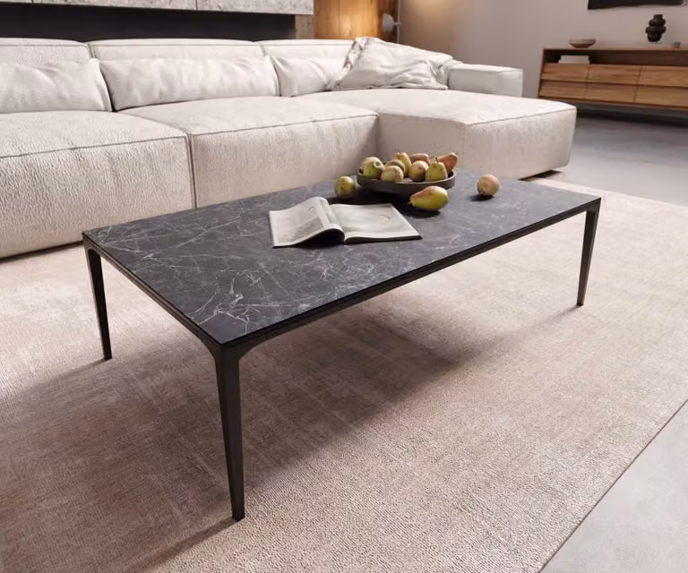 DELIFE Tavolino Levente, 110x60 cm, piano in laminato ceramico Nero Greco antracite, struttura in metallo nero