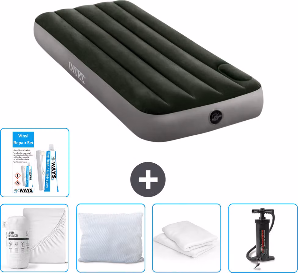 Letto ad aria Intex - 1 persona - 76 x 191 x 25 cm - verde - lenzuolo matrimoniale - bacio - pompa - set di riparazione e protezione per cuscini
