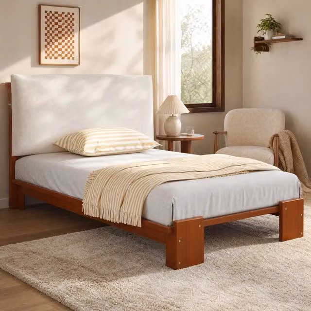 Letto singolo imbottito 90x200 cm con schienale fissato a strappo marrone scuro HAVRYA