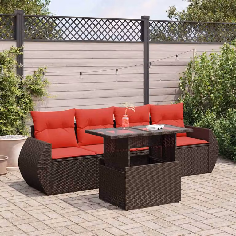 Set Divano da Giardino vidaXL 5 Pezzi in Polyrattan e Legno di Acacia con Cuscini Marroni e Tavolino da Esterno
