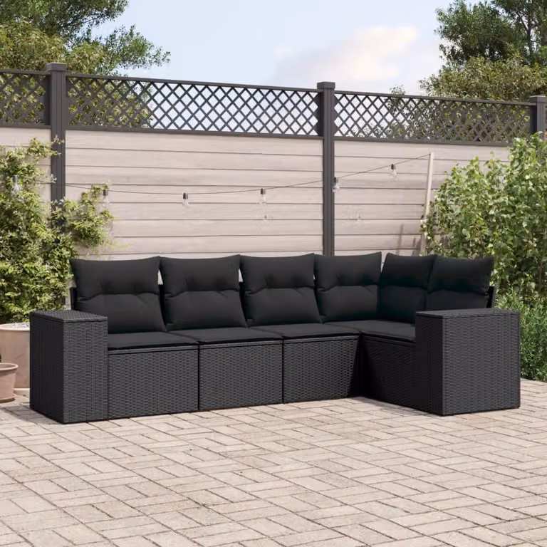 Set Divani da Giardino vidaXL 5 pz a Forma a L con Cuscini in Polyrattan e Acciaio Nero