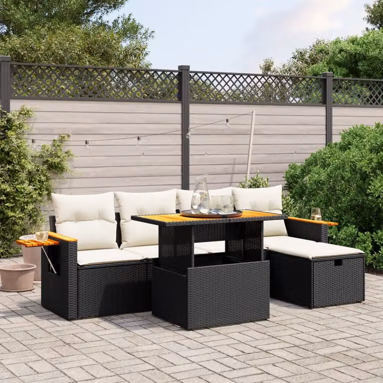 Set Divano da Giardino vidaXL 6 pz in Polyrattan Nero con Cuscini e Tavolino da Caffè