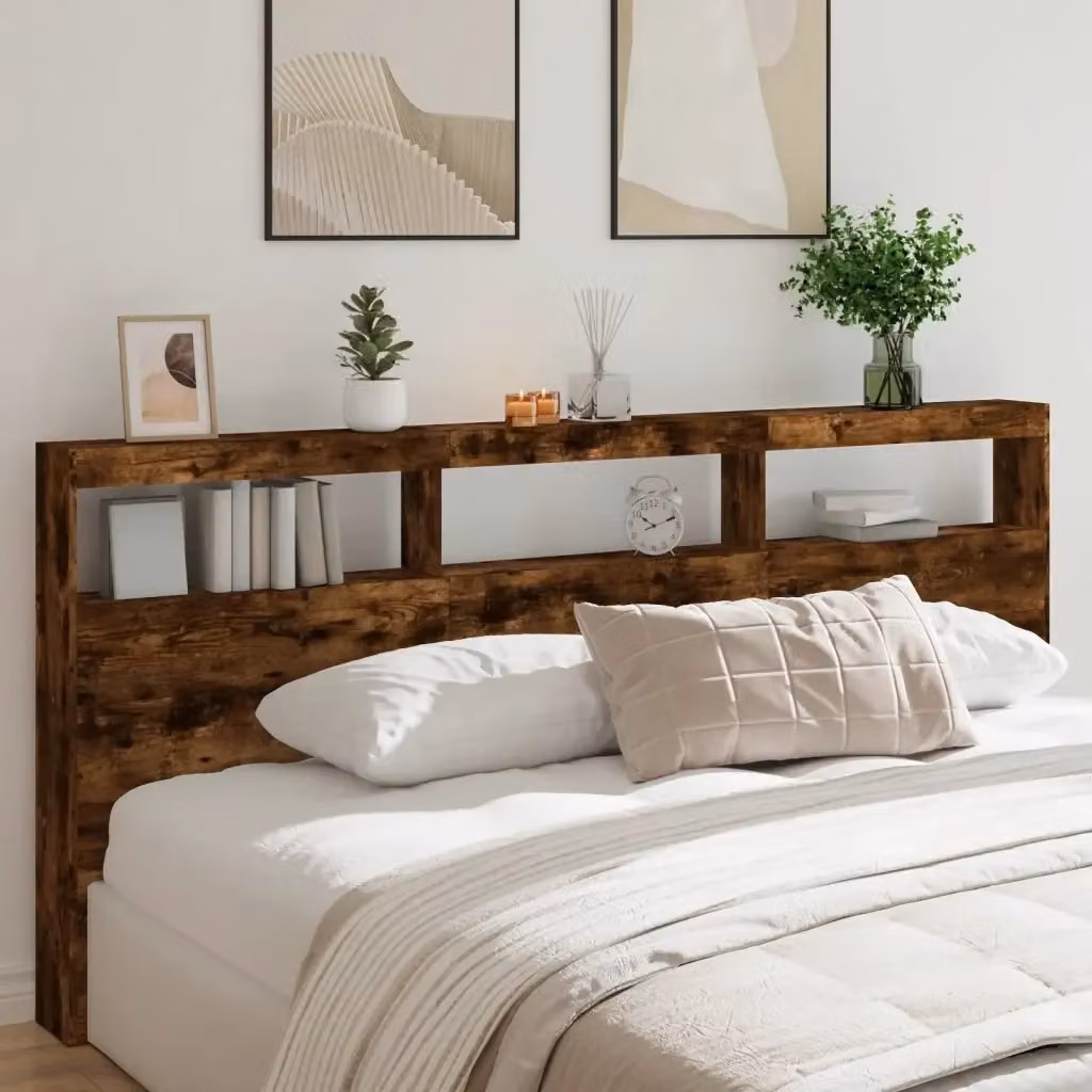 Testiera con contenitore e illuminazione LED in Rovere Fumo, L 220 x P 17 x H 102 cm – 2