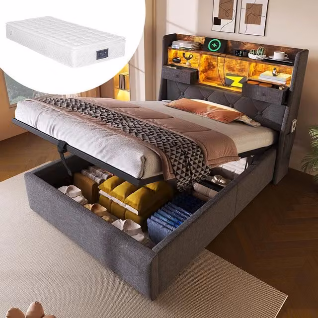Letto Singolo 90x200cm - Xylo - Testiera LED Idraulica con 4 Porte Ricarica, Tessuto Lino Grigio