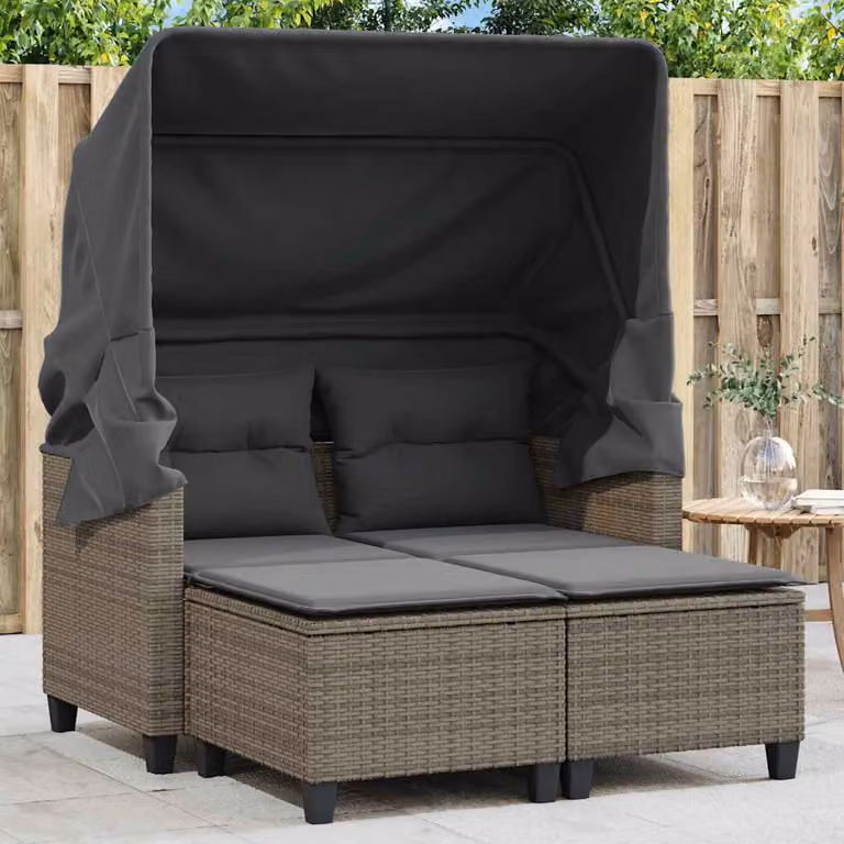 Set da giardino vidaXL con divano a 2 posti, baldacchino e sgabello coordinato in rattan grigio con struttura in metallo e cuscini inclusi