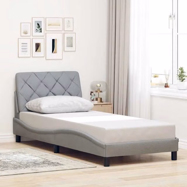 Struttura Letto Design Mania in Tessuto Grigio Chiaro con Doghe in Legno L/P/H: 90 x 200 x 95 cm
