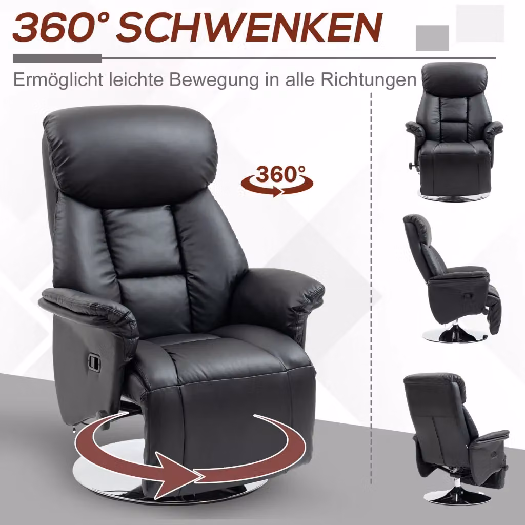 Poltrona Relax Girevole 360 REDOM in Pelle Rigenerata Nera L: 78 cm, P: 80 cm, H: 109 cm – 2