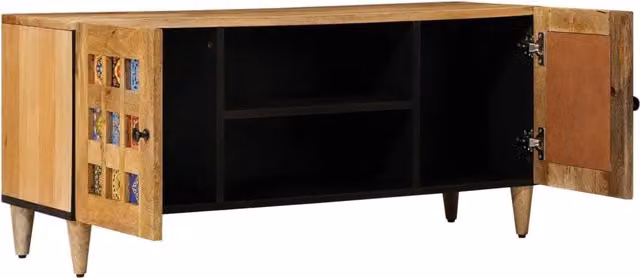 Mobile TV moderno in legno di mango massello color naturale L 105 x P 33 x H 46 cm – 1