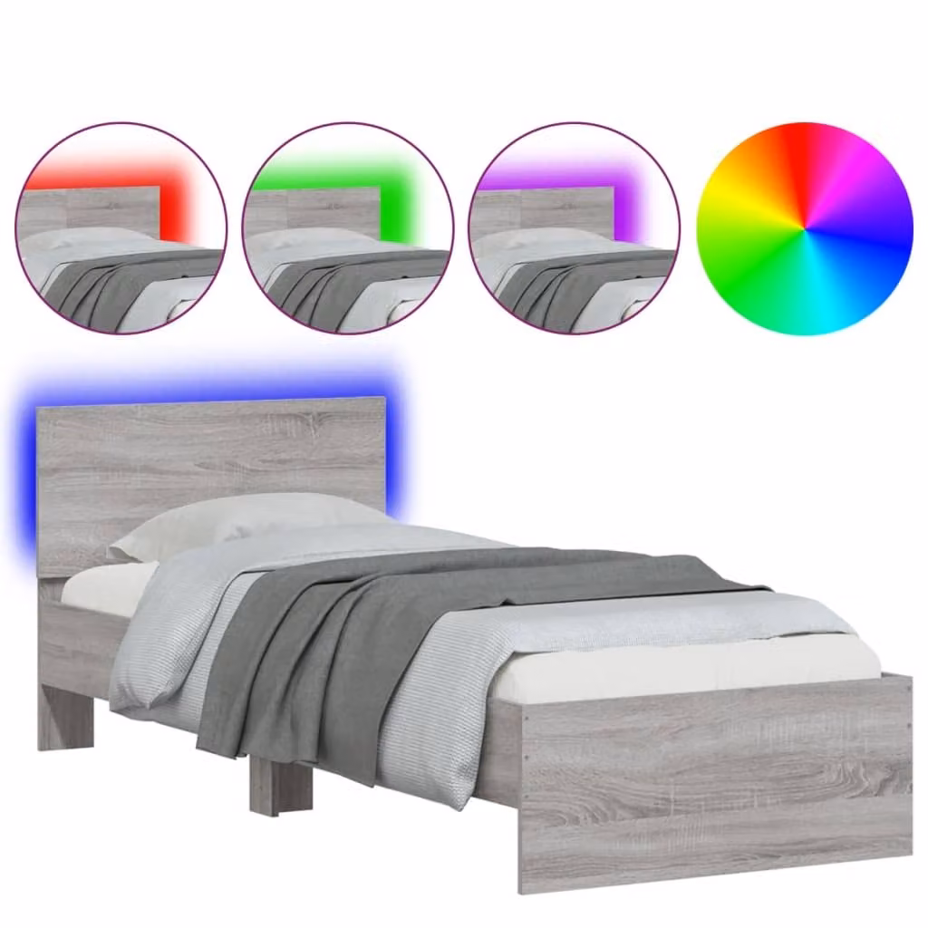 Giroletto con Testiera e LED Grigio Sonoma 90x190 cm