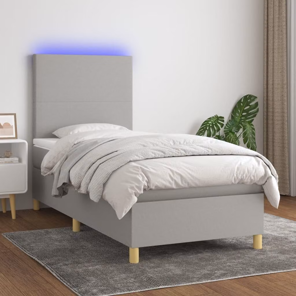 The Living Store Letto a molle con materasso e LED in tessuto grigio chiaro 80x200 cm