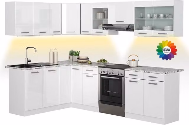 Cucina ad angolo moderna Vicco R-Line Bianco lucido con piano effetto marmo e illuminazione LED integrata L 267 cm x P 167 cm