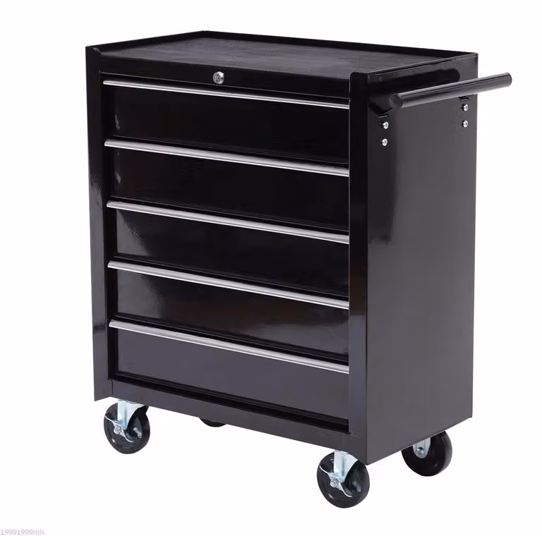 Carrello da officina HOMCOM vuoto, carrello portautensili con serratura e 5 cassetti, nero