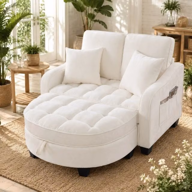 Divano letto 2-in-1 trasformabile con pouf contenitore; 132 x 129 x 93 cm; beige