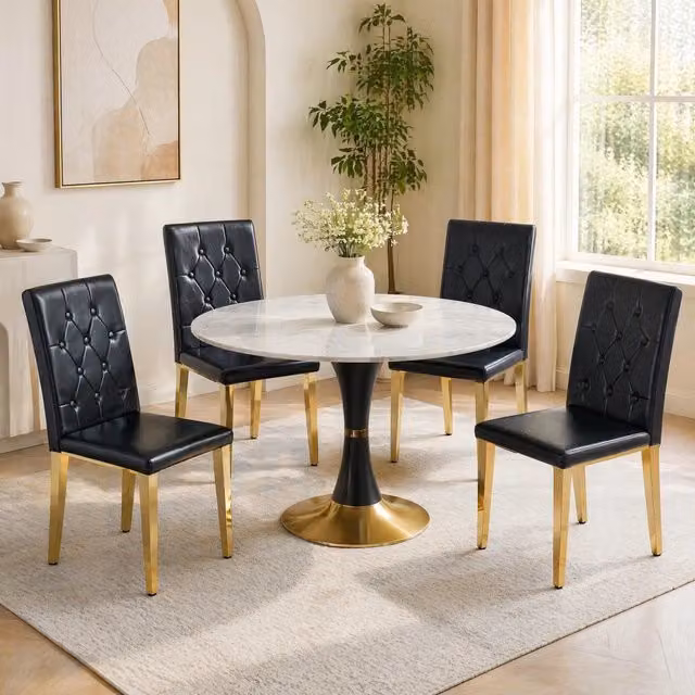 Set di 4 sedie da pranzo REDOM moderne in ecopelle nera e oro con schienale trapuntato