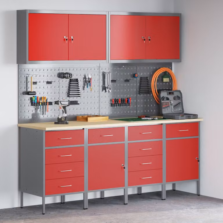 Carrello da lavoro mobile vidaXL in legno ingegnerizzato e acciaio, Rosso, 10 pezzi con serratura