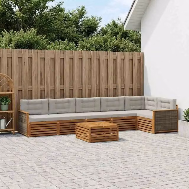 Set di divani da esterno 7 pezzi vidaXL in legno di acacia con cuscini beige e grigio – 1
